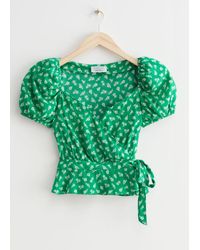& Other Stories Puff Sleeve Wrap Blouse - Green