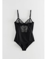 & Other Stories Embroidered Lace-trim Bodysuit - Black