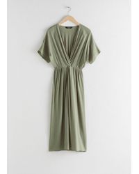 warehouse green satin twist knot midi dress