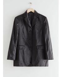 & Other Stories Long Fitted Padded Shoulder Satin Blazer - Black