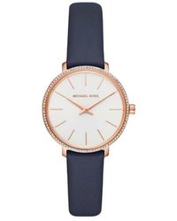 Michael Kors - Orologio solotempo in acciaio gold rose e strass e cinturino in pelle nero con quadrante bianco - Lyst