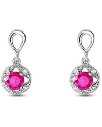 Stroili Orecchini A Lobo In Oro Bianco Con Rubini 0,44 Ct E Diamanti 0,04 Ct - Rosa