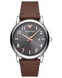 Emporio Armani - Orologio solotempo in acciaio silver e cinturino in pelle marrone con quadrante nero - Lyst