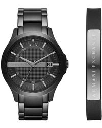 ARMANI EXCHANGE - Set orologio in acciaio nero e bracciale in pelle nero con logo - Lyst