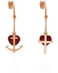 Stroili - Orecchini a cerchio in argento rosato con cuore rosso croce e ancora pendenti - Lyst
