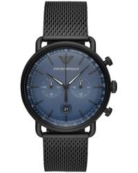 Emporio Armani - Orologio cronografo in acciaio nero e cinturino in mesh con quadrante blu - Lyst