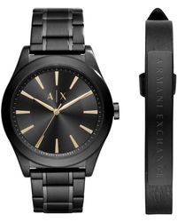 ARMANI EXCHANGE - Set orologio in acciaio nero e bracciale in pelle nero con logo - Lyst
