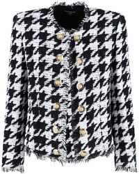 Balmain - Houndstooth Fringe Trim Tweed Jacket - Lyst
