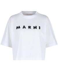 Marni - Cropped Short-Sleeve T-Shirt With Textured Lettering - Lyst