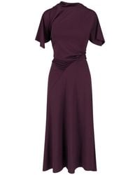 Victoria Beckham - Burgundy Midi Dress With Ruched Asymmetrical Detailing - Lyst
