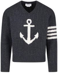 Thom Browne - Anchor Intarsia V-Neck Cable-Knit Sweater - Lyst