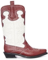 Ganni - Two-Tone Leather Texan Boots With Decorative Embroidery - Lyst