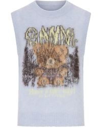 Ganni - Crewneck Knitted Vest With Front Graphic Intarsia - Lyst