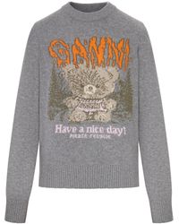 Ganni - Crewneck Knit Sweater With Front Graphic Intarsia - Lyst