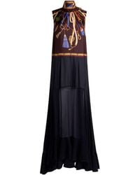 Etro - Long Silk Dress With A See-Through Skirt And Placement Print - Lyst