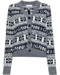 Ganni - Logo-intarsia Wool-blend Cardigan - Lyst