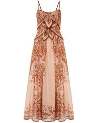Zimmermann - Aster Silk Midi Dress With Cut-out Insert And Bows - Lyst