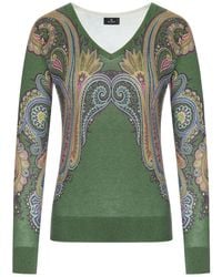 Etro - Silk And Cashmere V-Neck Sweater With Placed Paisley Print - Lyst