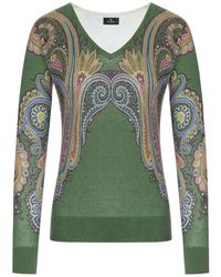 Etro - Silk And Cashmere V-Neck Sweater With Placed Paisley Print - Lyst