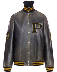 Prada - Leather Bomber Jacket With Patch - Lyst