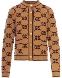 Gucci - Boucle` Wool Cardigan With Allover gg Logo - Lyst