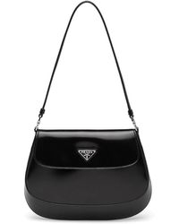 Prada Cleo Brushed Leather Shoulder Bag With Flap - Black