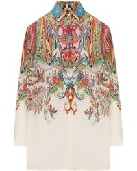Etro - Long Silk Shirt With Placed Paisley Foliage Print - Lyst