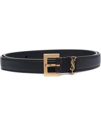 Saint Laurent Thin Monogram Belt In Hammered Leather With Square Buckle - Black