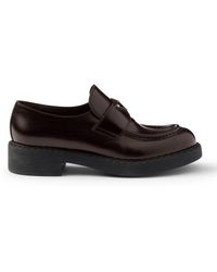 Prada - Brushed Leather Loafers With Logo - Lyst