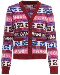 Ganni - Cardigan In Lana Jacquard Con Motivo Logo - Lyst