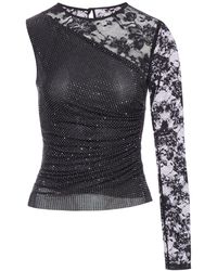 Self-Portrait - Top With Rhinestone And Lace Sleeves - Lyst
