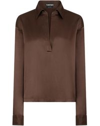 Tom Ford - Blusa in raso di seta con logo tf ricamato tono su tono marrone - Lyst