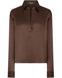 Tom Ford - Silk Satin Blouse With Tf Logo Embroidered In Tone-on-tone Brown - Lyst