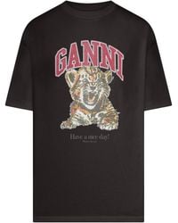 Ganni - Organic Cotton T-shirt With Front Print - Lyst