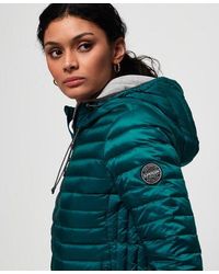 superdry womens core down hooded jacket comet silver