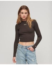 Superdry - Ribbed Long Sleeve Embroidered Crop Top - Lyst