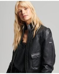 Superdry - Knitted Collar Leather Bomber Jacket - Lyst