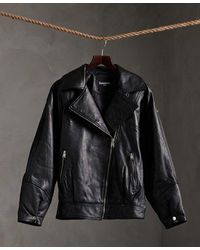 Superdry Premium Leather Biker Jacket in Black - Lyst