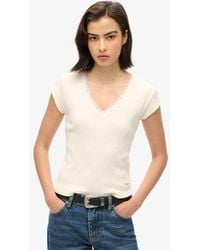 Superdry - & Co Ladies Embroidered Organic Cotton Essential Lace Trim V-neck T-shirt - Lyst