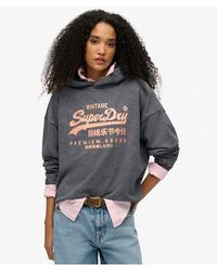 Superdry - Femme Coton Sweat À Capuche Décontracté Métallisé Vintage Logo, Noir & Rose, Taille - Lyst