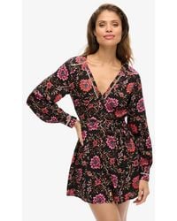 Superdry - Floral Printed V-neck Mini Tea Dress - Lyst