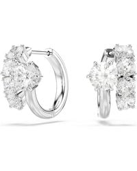 Swarovski - Matrix Hoop Earrings With Round White Crystals On Rhodium Finished Settings - Lyst