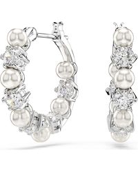Swarovski - Matrix Hoop Earrings, Crystal Pearl, Round Cut, Rhodium Plated - Lyst