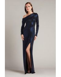 Tadashi Shoji - Toryn Metallic Pleated Draped Gown-Rylnv - Lyst