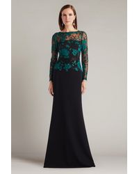 Tadashi Shoji - Beacon Belted Embroidered Illusion Gown-Em/Bk - Lyst