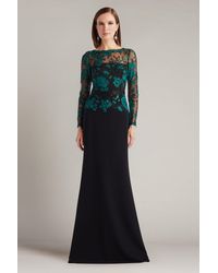 Tadashi Shoji - Beacon Belted Embroidered Illusion Gown-Em/Bk - Lyst