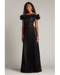 Tadashi Shoji - Margaux Off-Shoulder Floral Ruffle Trim Gown-Bk/Nd - Lyst