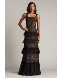Tadashi Shoji - Ruva Tiered Ruffle Embroidered Gown-Bk/Nd - Lyst