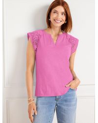 Talbots - Embroidered Sleeve Split Neck T-shirt - Lyst
