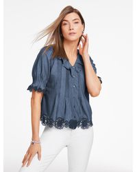 Talbots - Embroidered Ruffle Denim Top - Lyst
